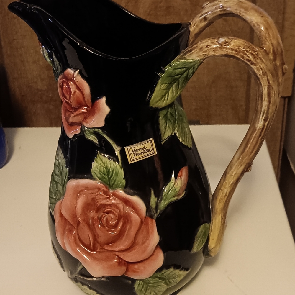 VINTAGE FITZ AND FLOYD 1987 MIDNIGHT ROSE PITCHER.